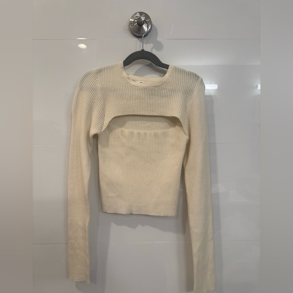 Double Zero Off White Ribbed Cut-Out Long Sleeve Crop Top Lightweight Sweater - Picture 5 of 7